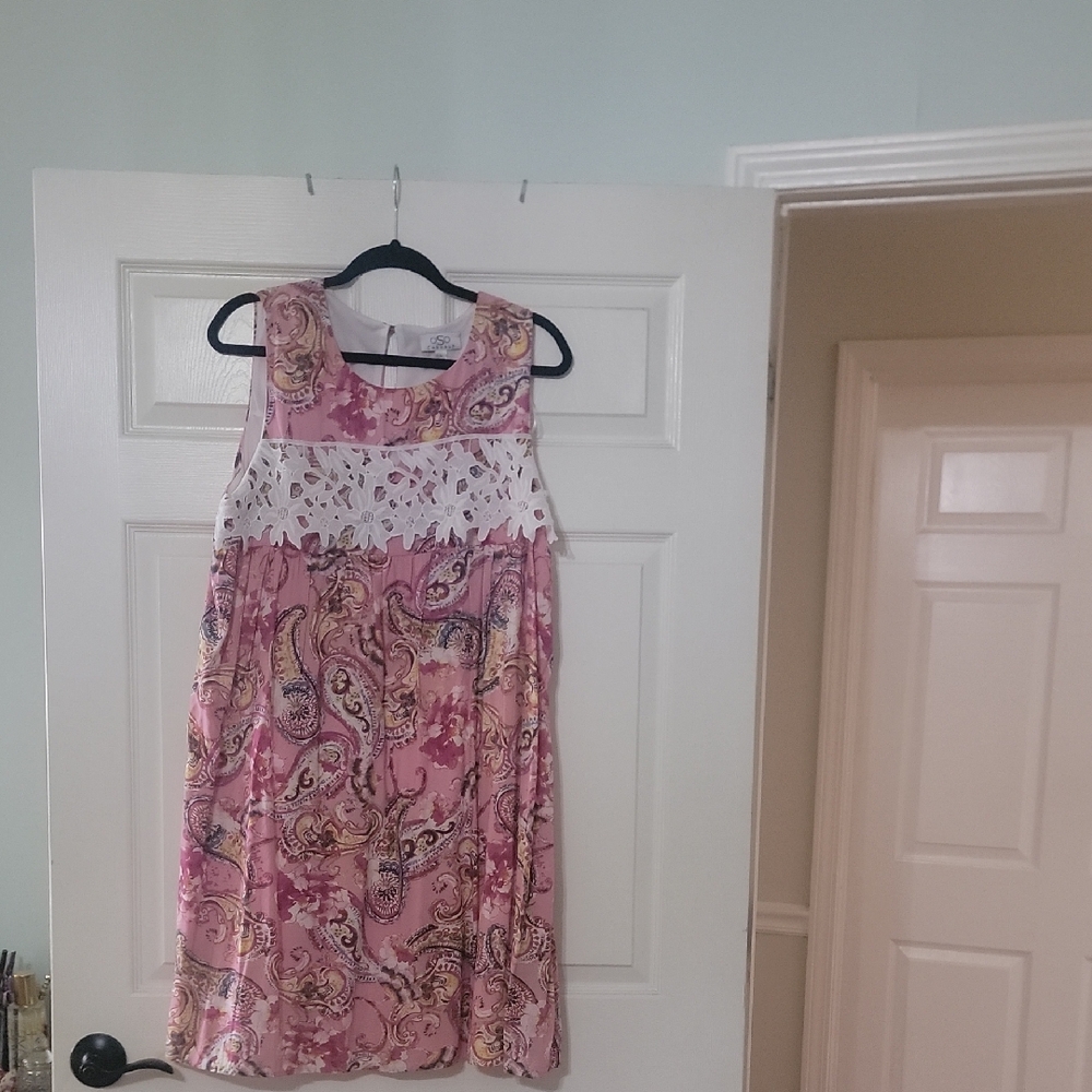 Pink Paisley Midi Dress with White Lace Yoke